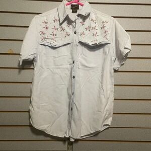 Floral Embroidered Denim Shirt Short Sleeve Button Up Western‎ Style Vintage M